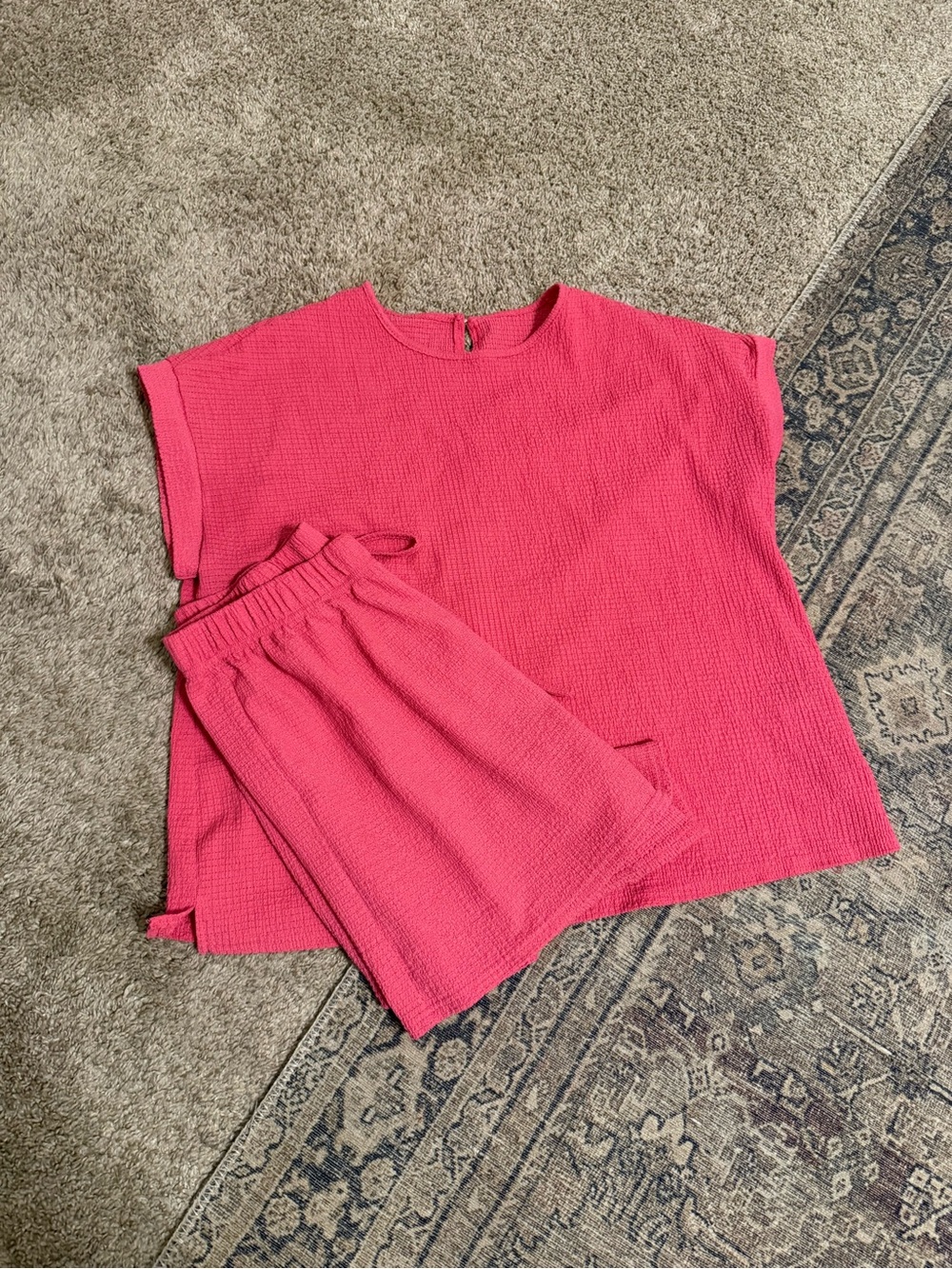 SHEIN Hot Pink Textured Short Sleeve Top and Shorts Set